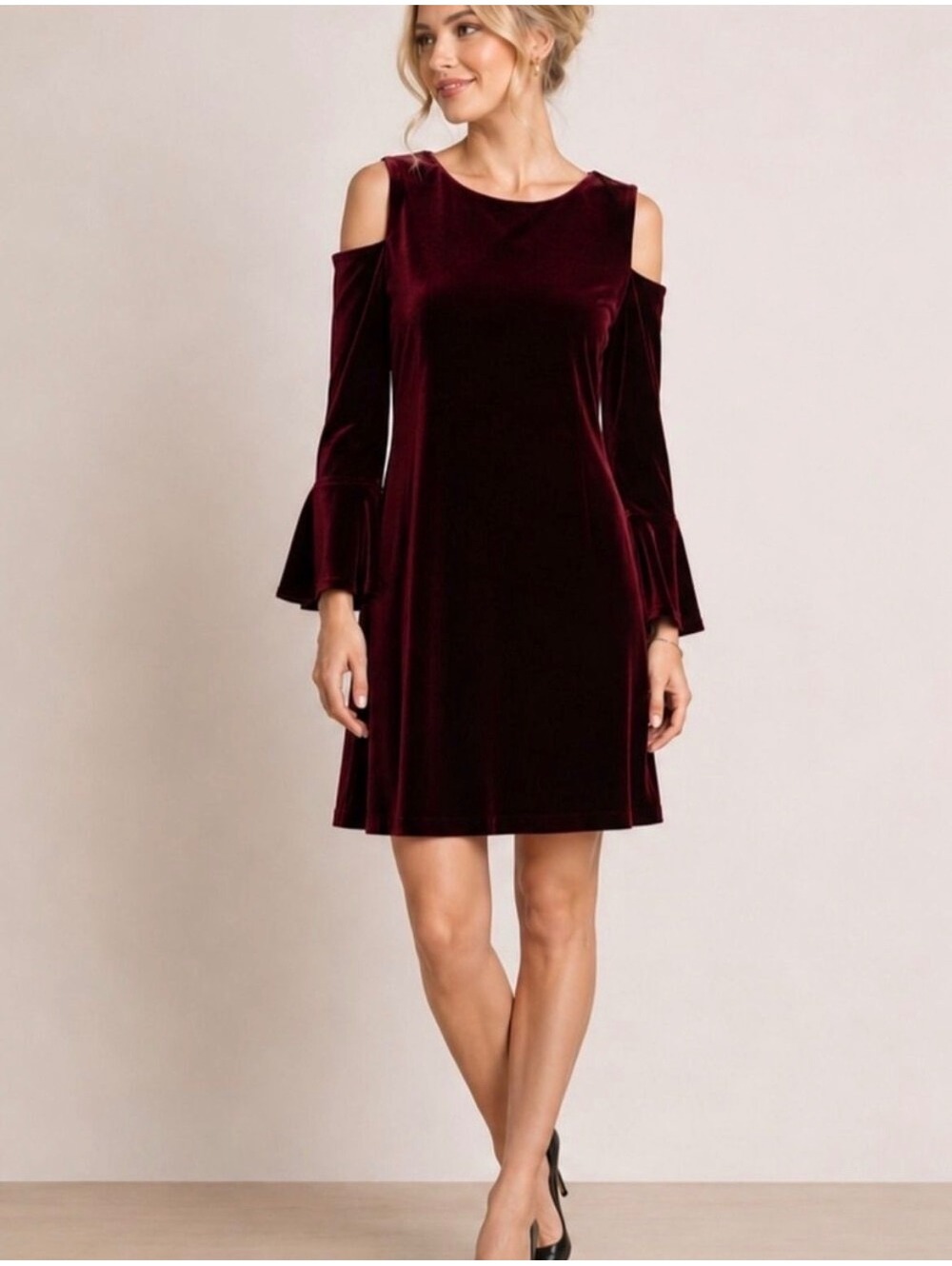 Ralph Lauren Womens 8 Burgundy Velvet Cold Shoulder Bell Sleeve Dress Maroon